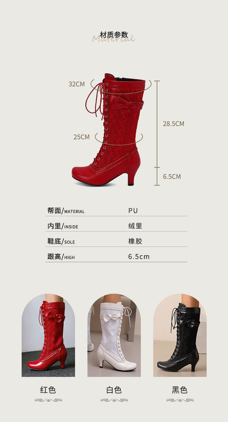 Womens Mid Calf Kitten Heel Boots Bowknot Lace Up Cosplay Shoes Lolita Plus Size