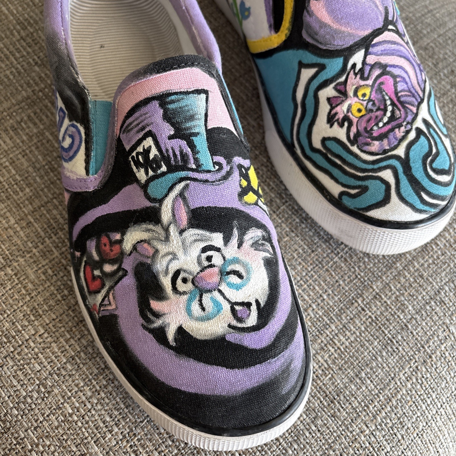 Hand Painted Alice In Wonderland Disney Slide On Vans Style Shoes Women Size 6