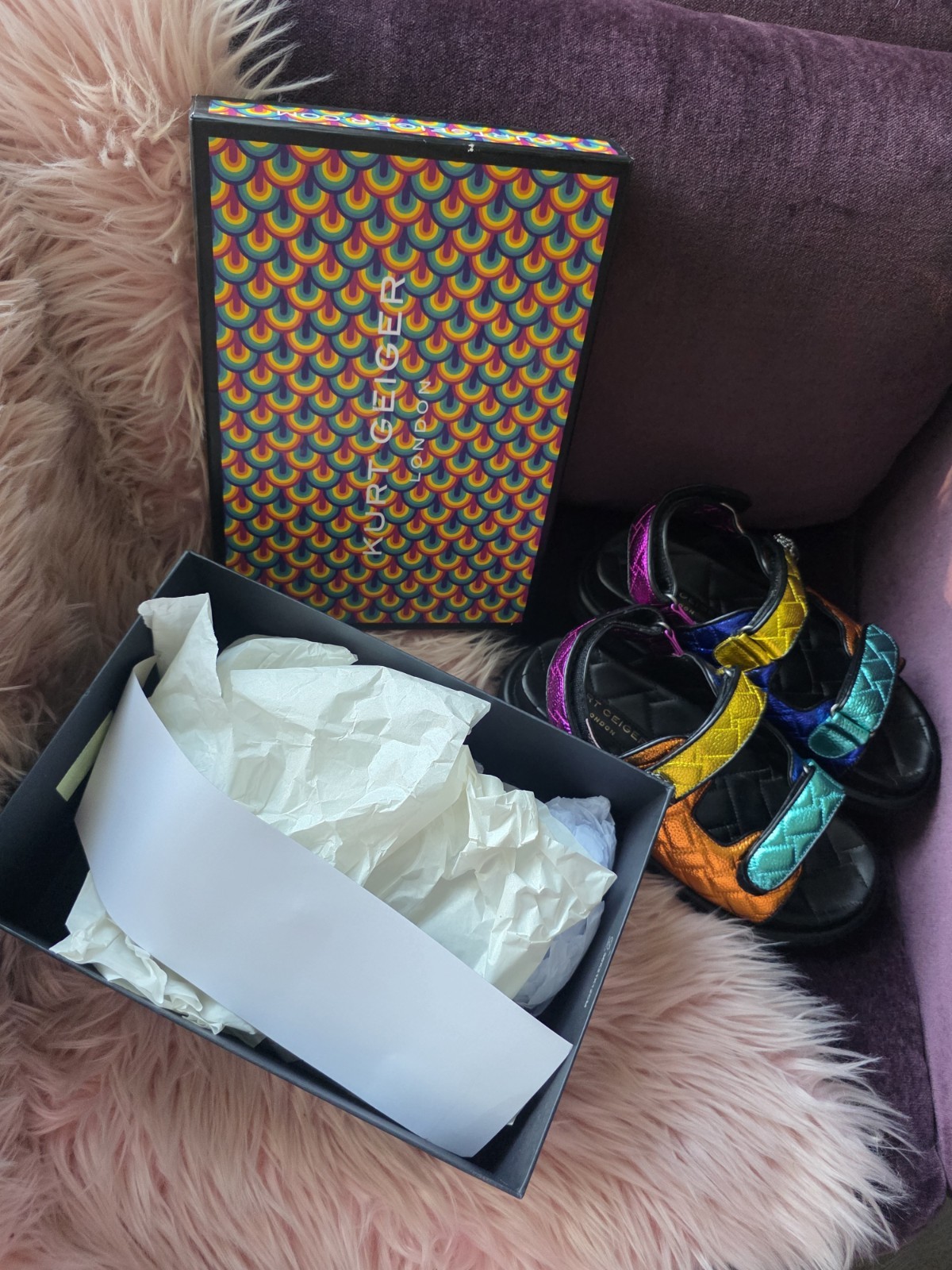 KURT GEIGER LONDON ORSON Metallic Multicolor Sandals US 9, Worn Once With Box!
