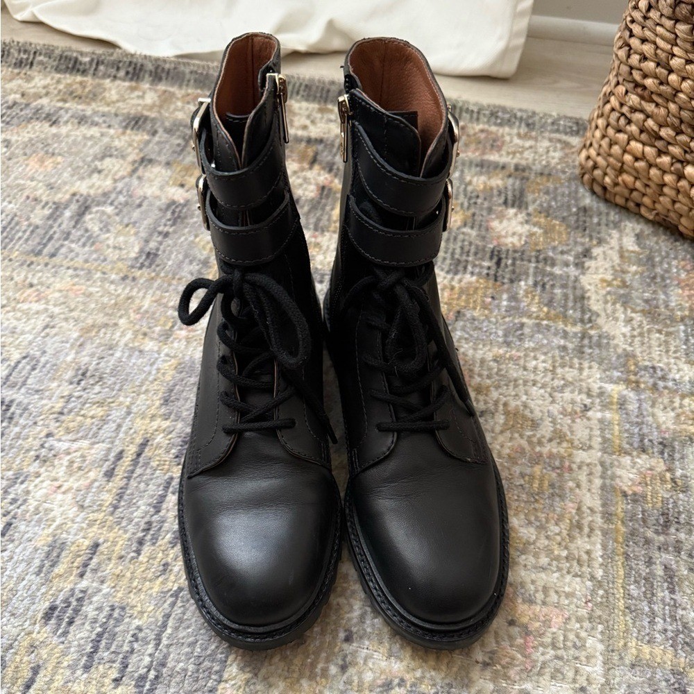 Antonio Melani Black Leather laced biker Boots with buckle