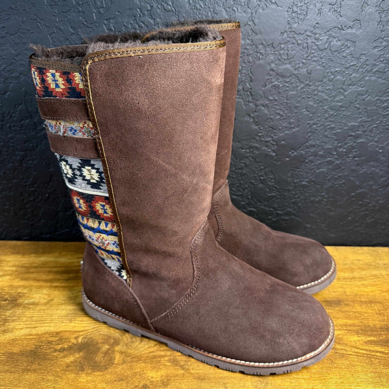 Lamo Tribal Pattern Suede Textile Mid-Calf Boot Womens Size 10 Brown