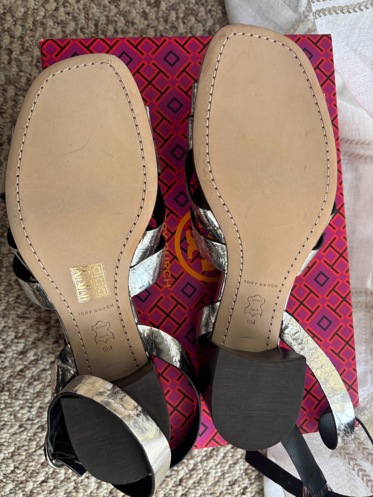 NEW Tory Burch City Heel Metallic Vachetta Leather Sandals Size US 9