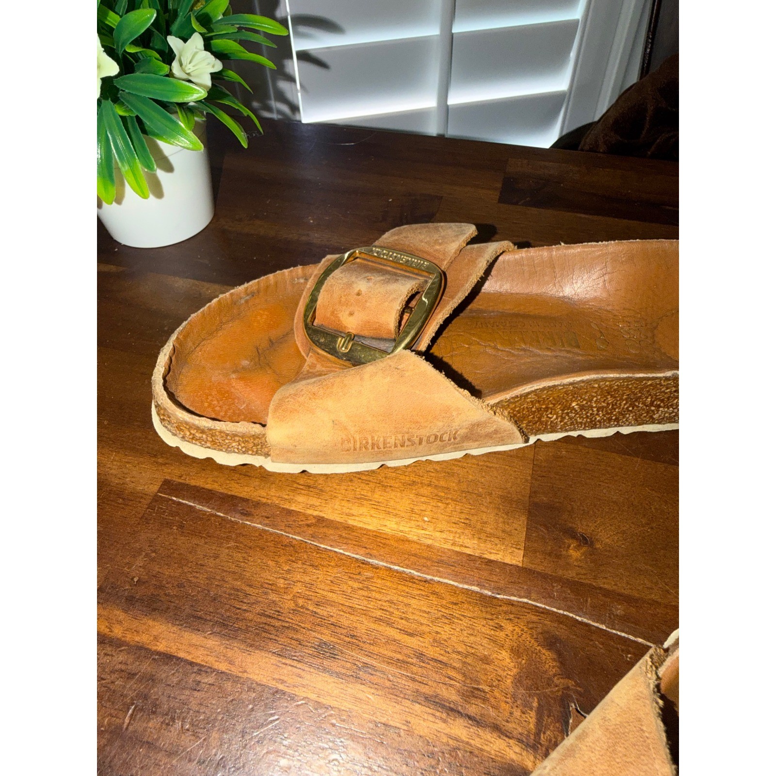 Birkenstock Madrid Big Buckle Cognac Leather Slide Sandals Gold Buckle Size 38