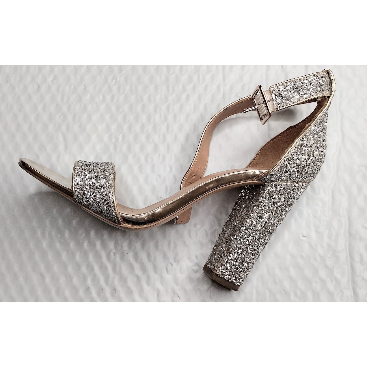 Mix No 6 Womens Glitter Block Heel Ankle Strap Sandals Gold Silver size 8