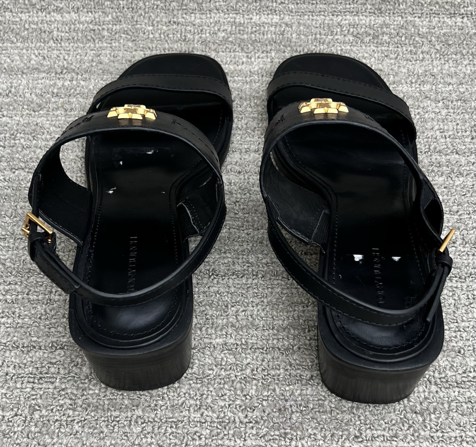 TORY BURCH Eleanor Block Heel Black Leather Sandals Women’s Size 10 US