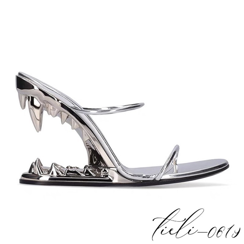 Women Metal High Teeth Heels Mules Sandals Oversize Slippers Fashion Show Runway