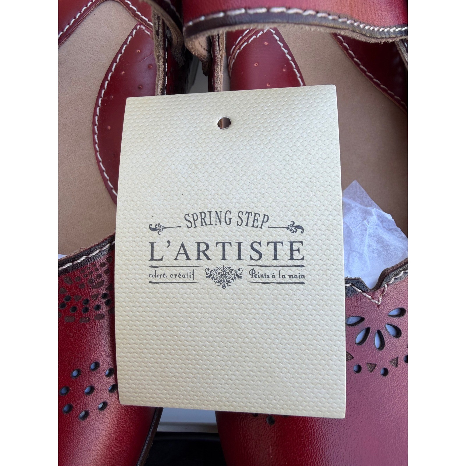 Spring Step L’Artiste Aneri Red Leather Laser Cut Clog Mules Womens 38 US 7.5-8