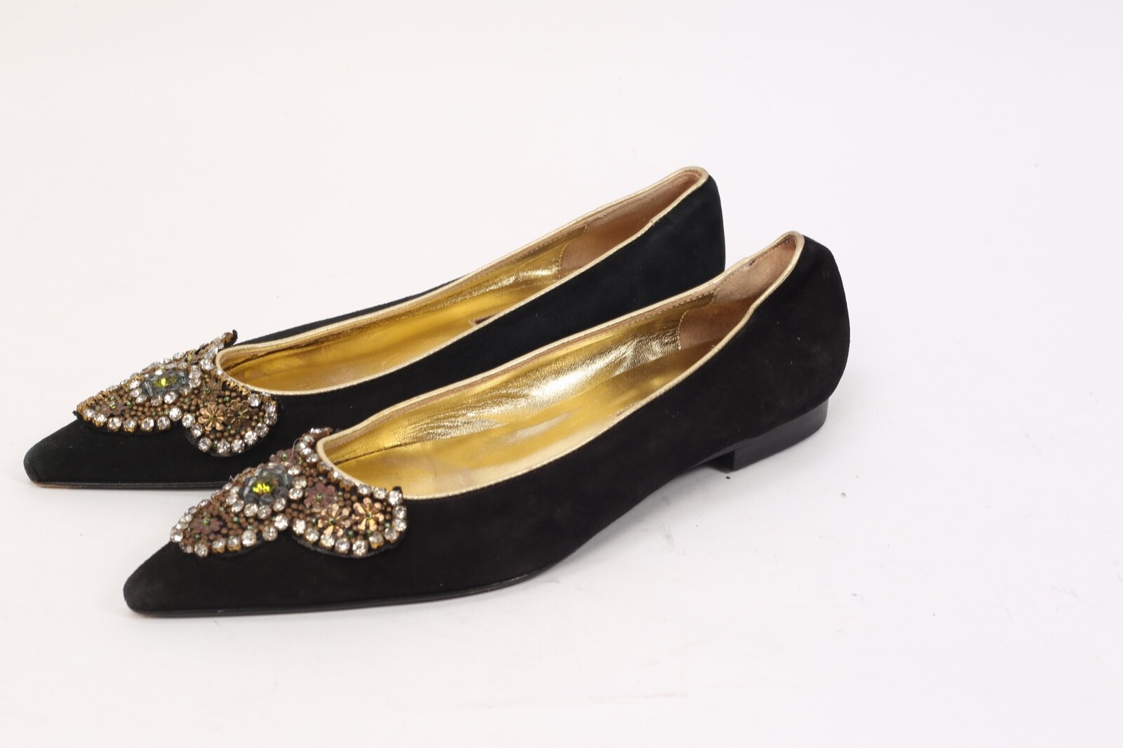 Vintage Rafe Brown Suede Beaded Rhinestone Pointed Toe Flats Boho Evening 38