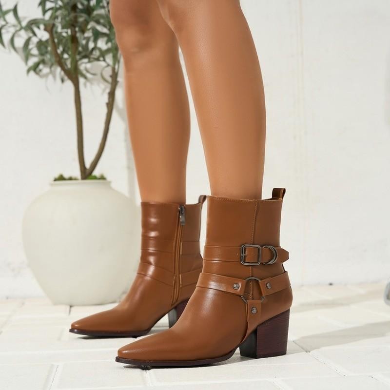Women’s Faux Leather Zip Pointed Toe Ankle Boots Casual Party Block Heels Shoes