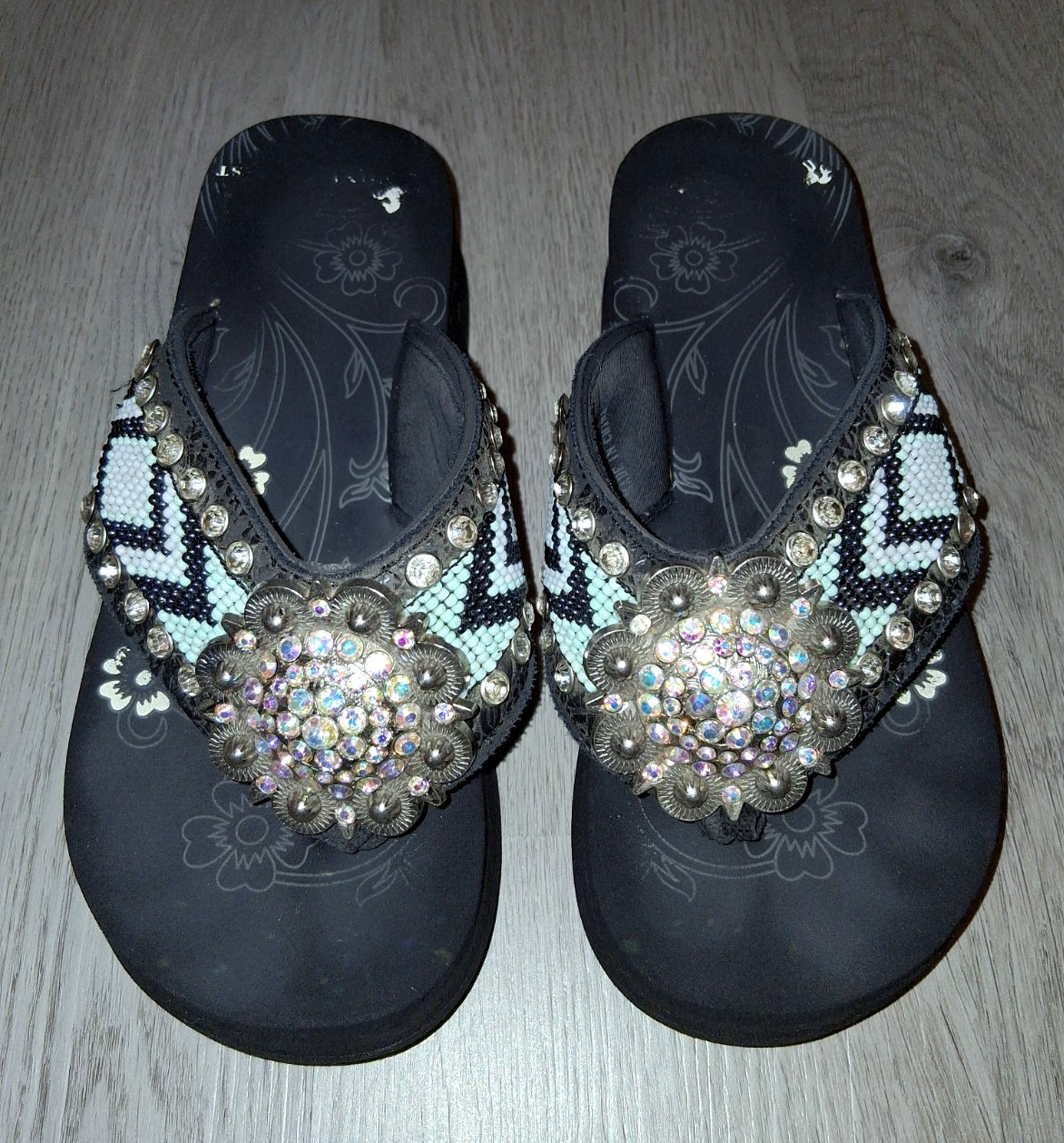 Montana West Rhinestone Bling Beaded Black Platform Flip Flops Sandals Size 7