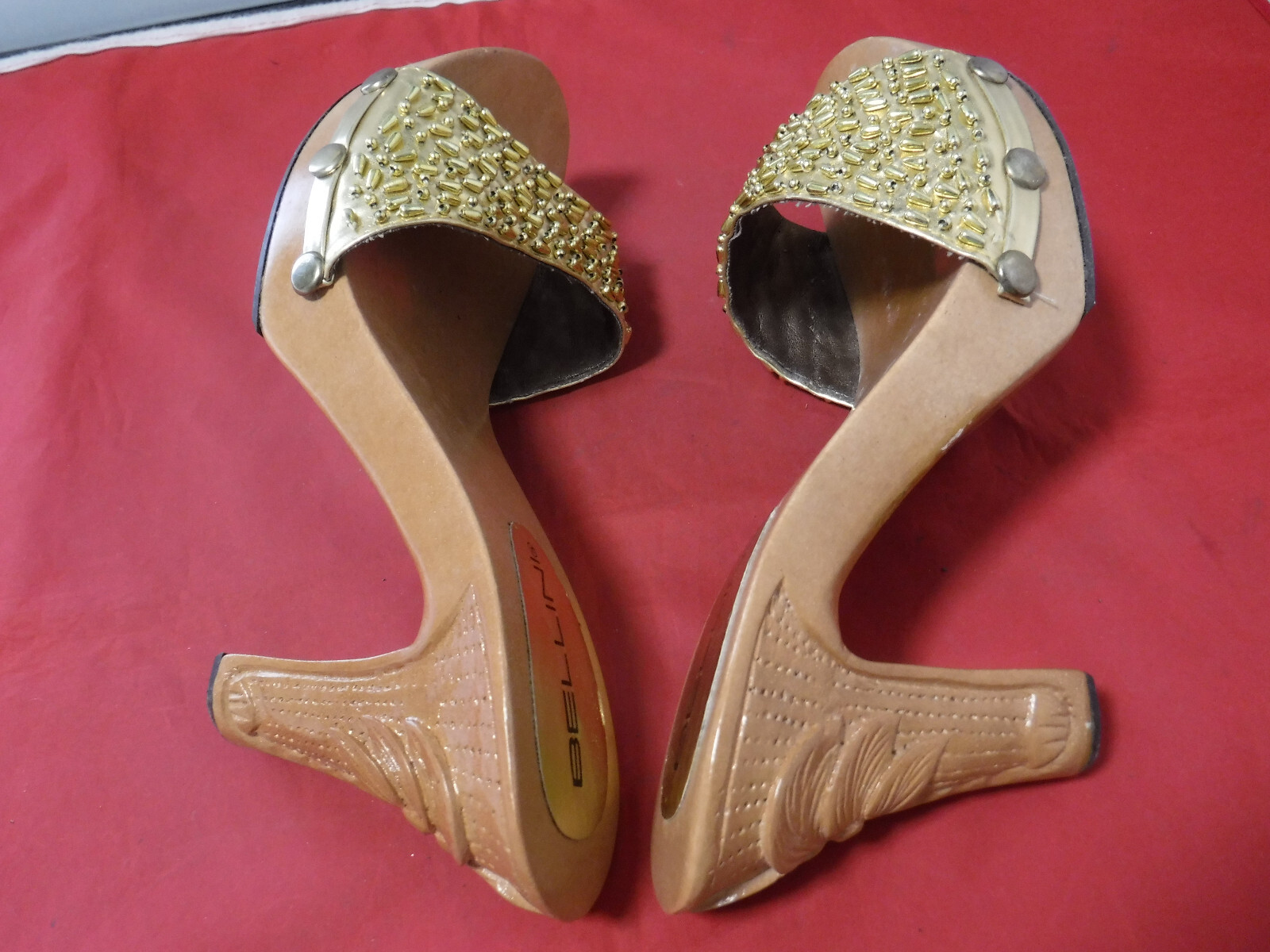 90s Y2K Bellini Lollipop Gold Studded Carved Platform Chunky Sandals Heels 10 W