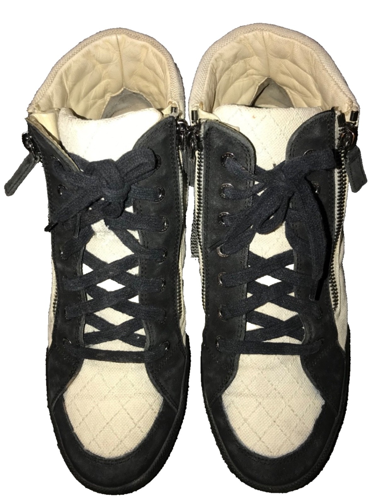 Chanel Beige Canvas Quilted Suede Leather CC Double Zip High Top Sneakers SZ 38