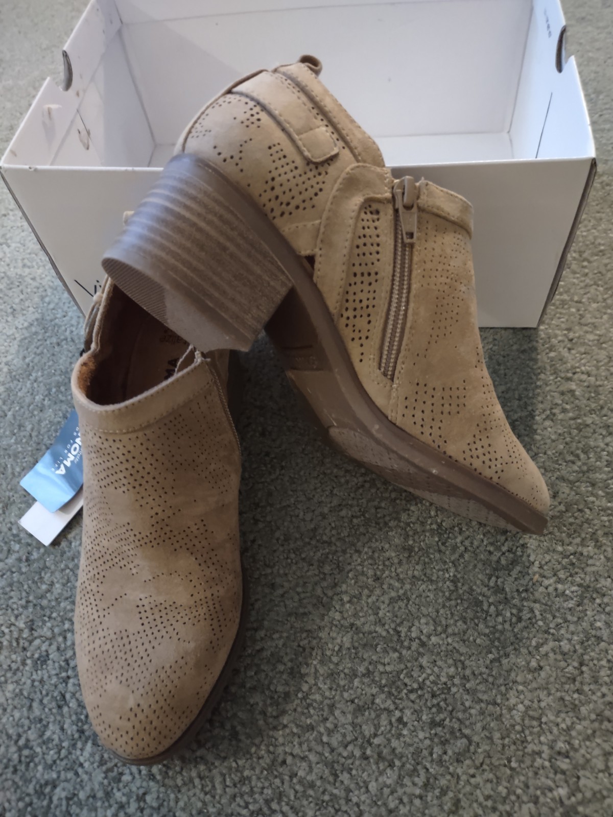 Misses Faux Suede Taupe Booties, Zip, Ortholite Cushion, 2-inch Heel, 5 1/2, New