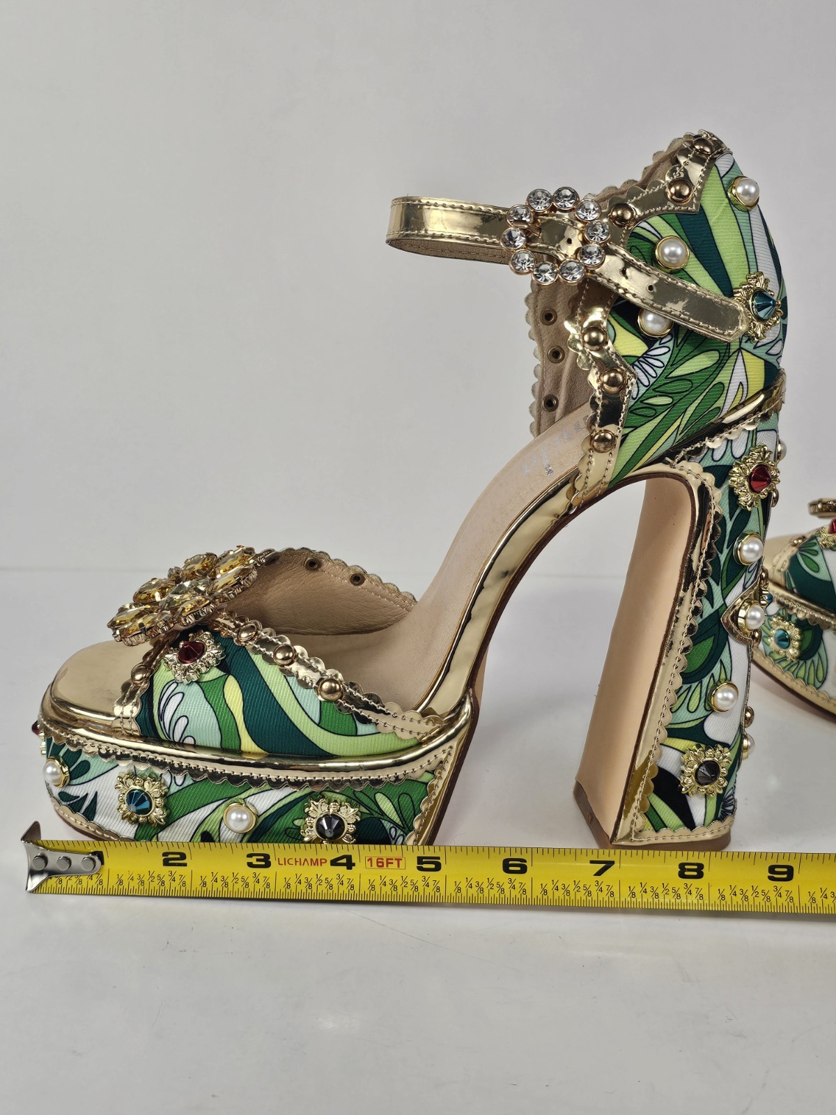 Retro 70s Style Rhinestone Pearl Embellished Platform Shoe Sandals S10 Jeweled