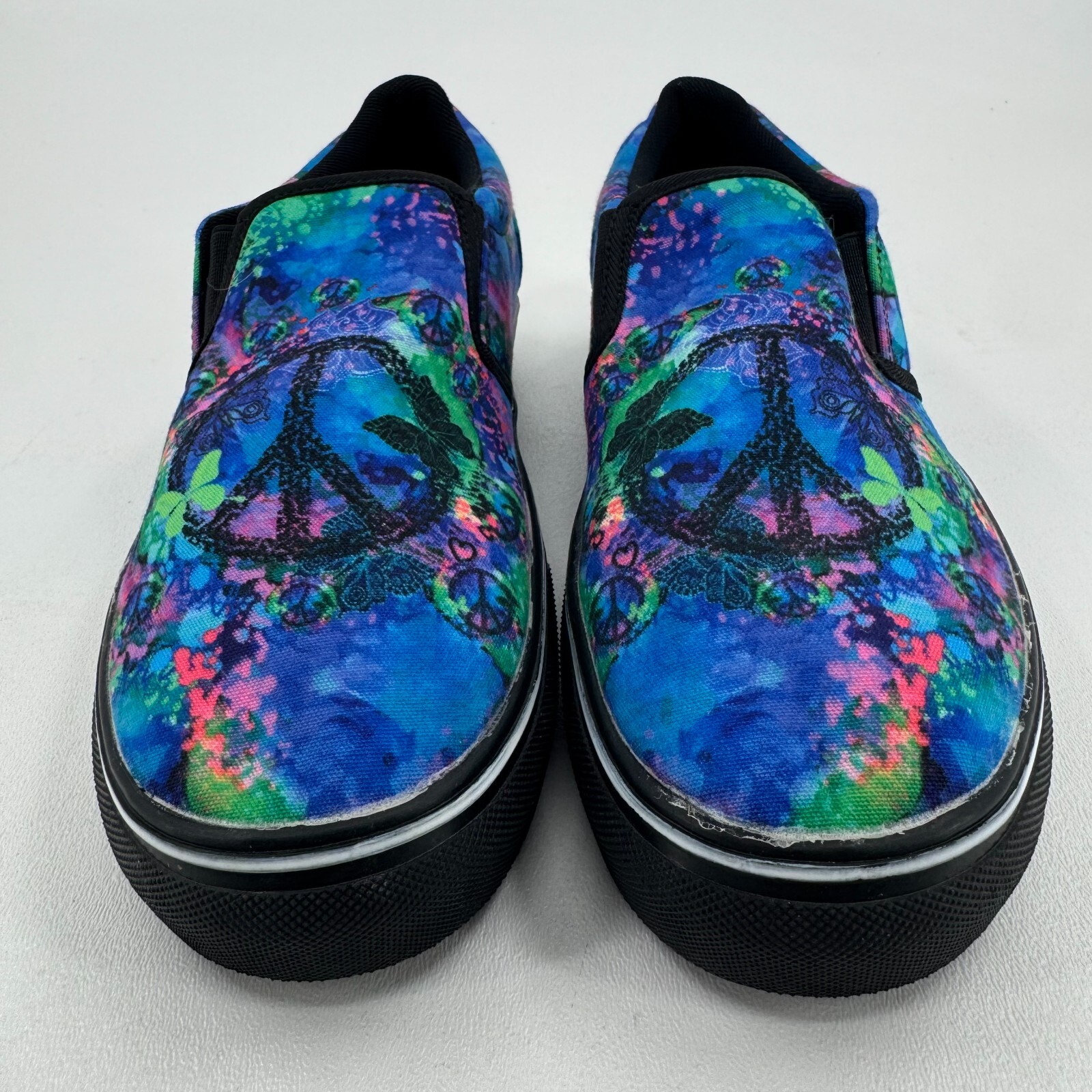 Yes We Vibe Shoes UNISEX Multicolor Peace Sign Slip On Sneakers MENS 7 WOMENS 9