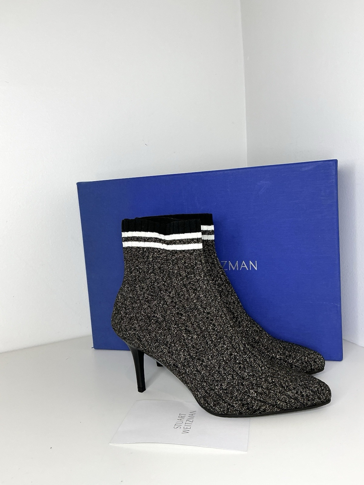 NEW $575 Stuart Weitzman Women’s Waverly Sock Bootie Black Gold US 9 M