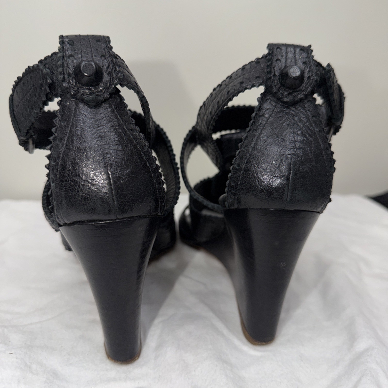 Balenciaga 39.5 Sandals Wedge Gladiator Caged Ankle Booties Covered Studs Poms
