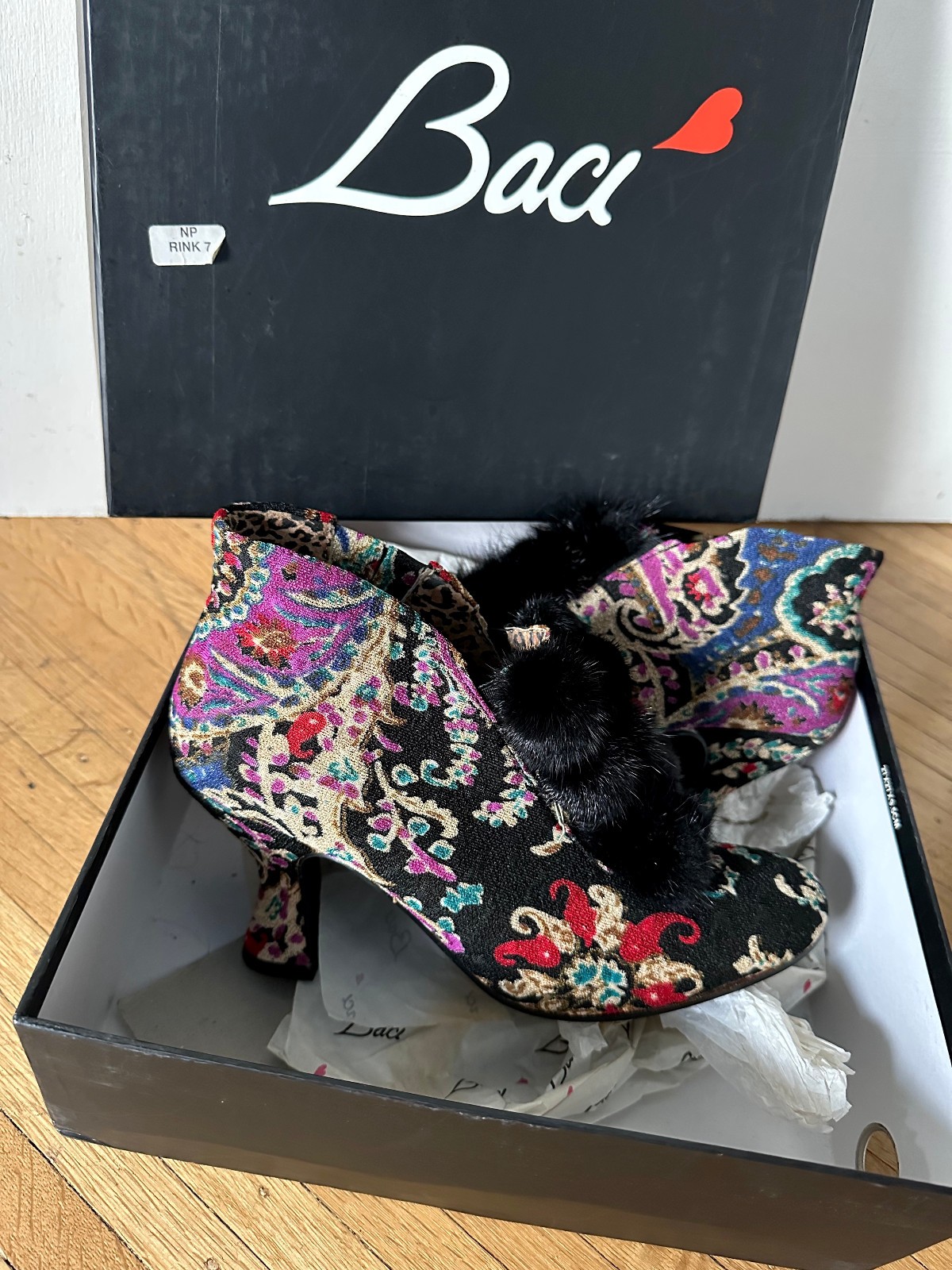 BACI «Daisy Orient» 90s Victorian Brocade/Tapestry Fur Ankle Bootie Shoes 7 NIB
