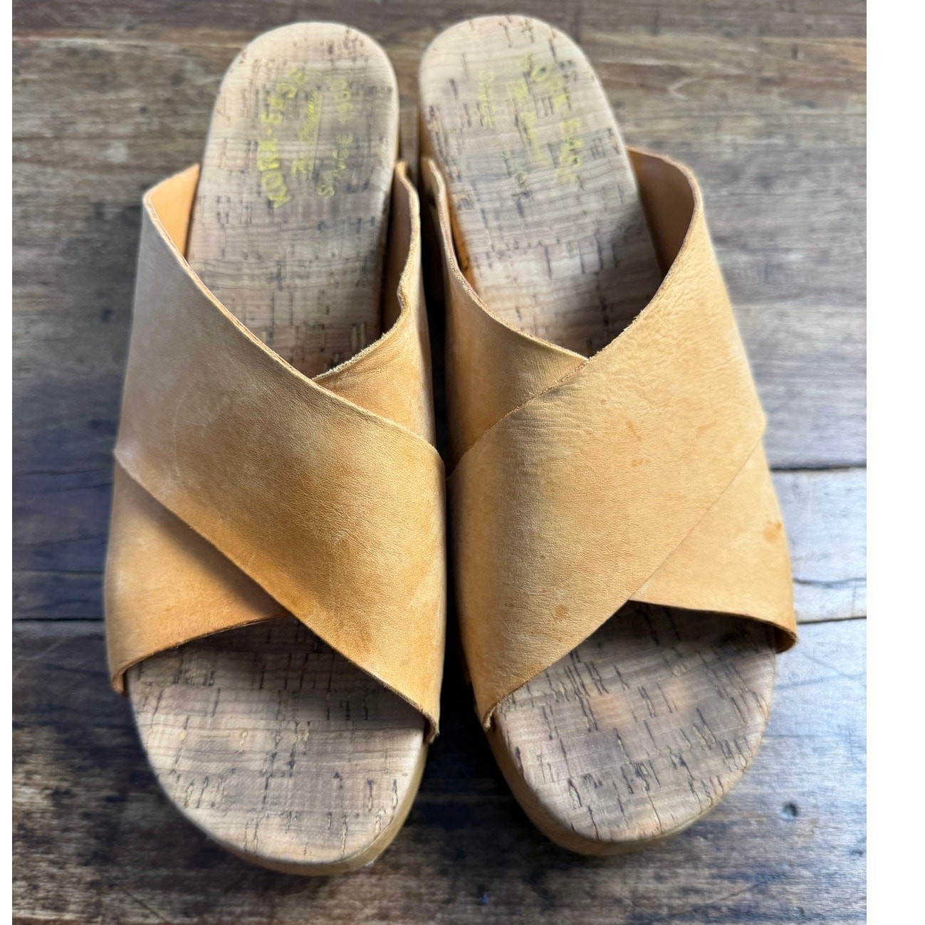 Cork Ease Mustard Yellow Leather Wooden Platform Clog Sandals Criss Cross 9