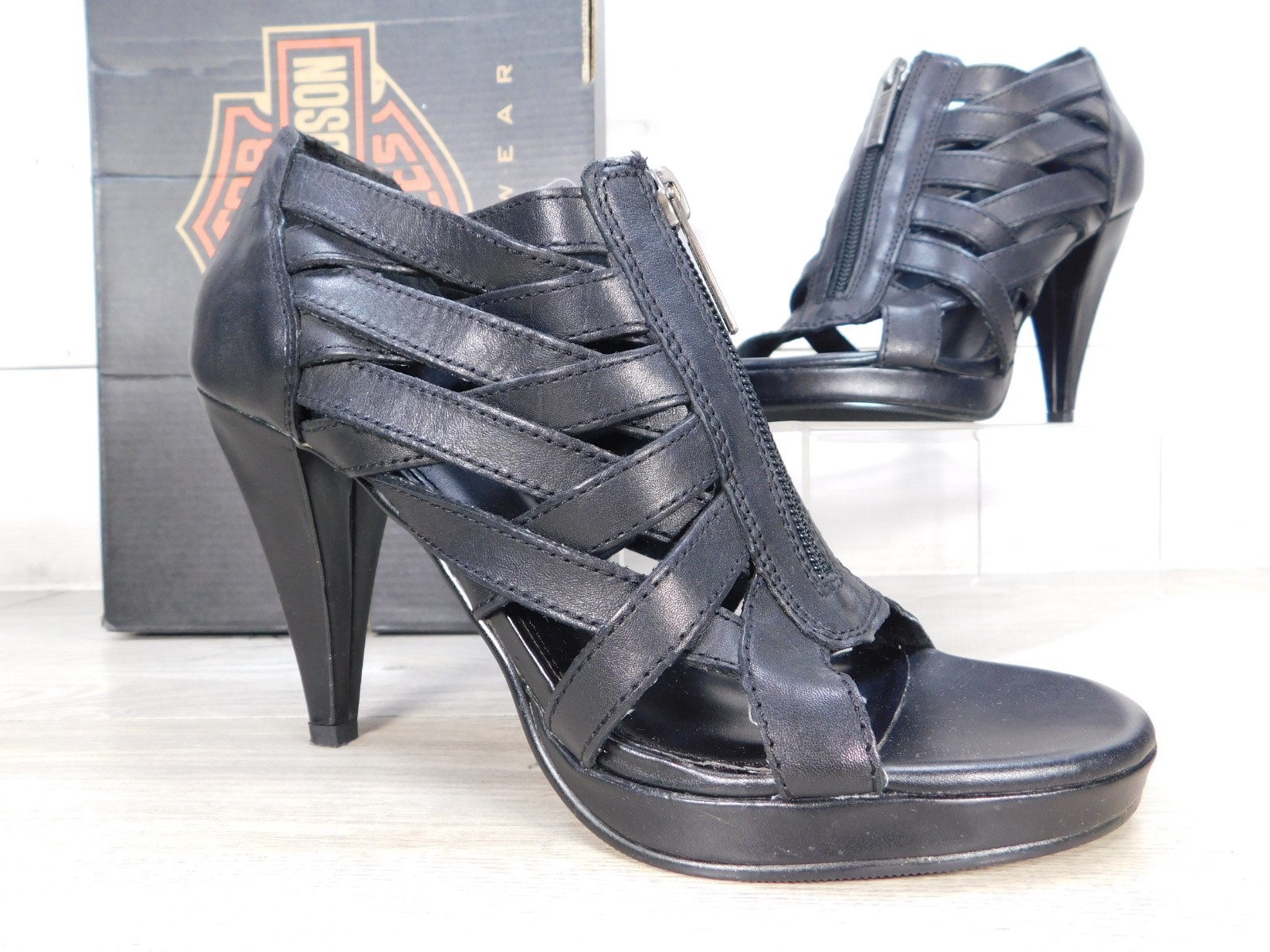 Harley Davidson Margie Black Leather Strappy Cone Heel Sandals D82323 Size 6.5 B