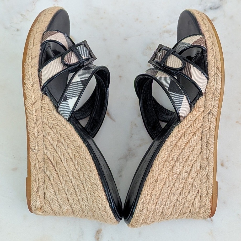 Burberry Nova Check Espadrille Wedge Sandals Black Patent Leather IT 37 3460643