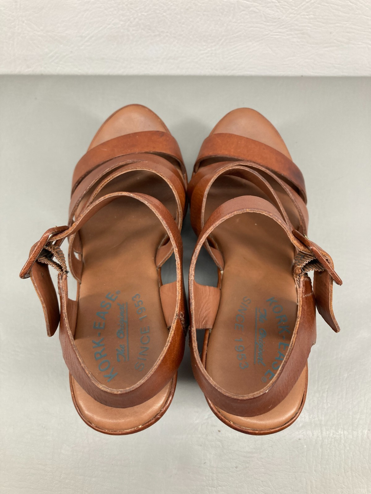 Kork Ease Womens Wedge Sandals Size 6.5 Brown Leather Platform Ankle Strap