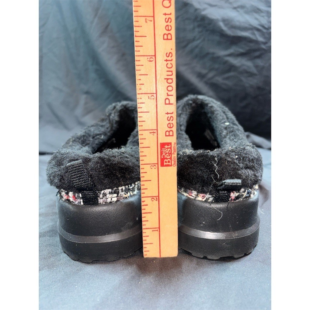 Skechers BOBS Slippers Womens Slip-On Clog Black Tweed Memory Foam Fur M/L cozy
