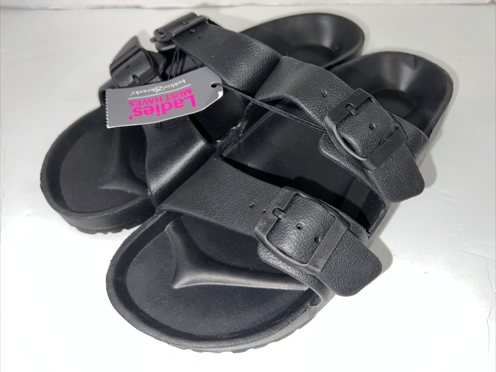 Bobbie Brooks Black Ladies Slip On Sandal Double Strap Choose Size 6-7 8-9 10-11