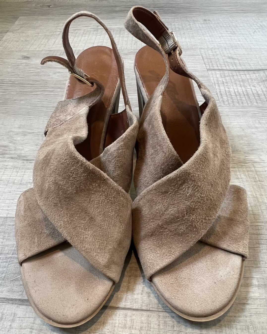 Mariella Women’s Beige Suede Leather Sling Back Sandals Heels Size 9.5