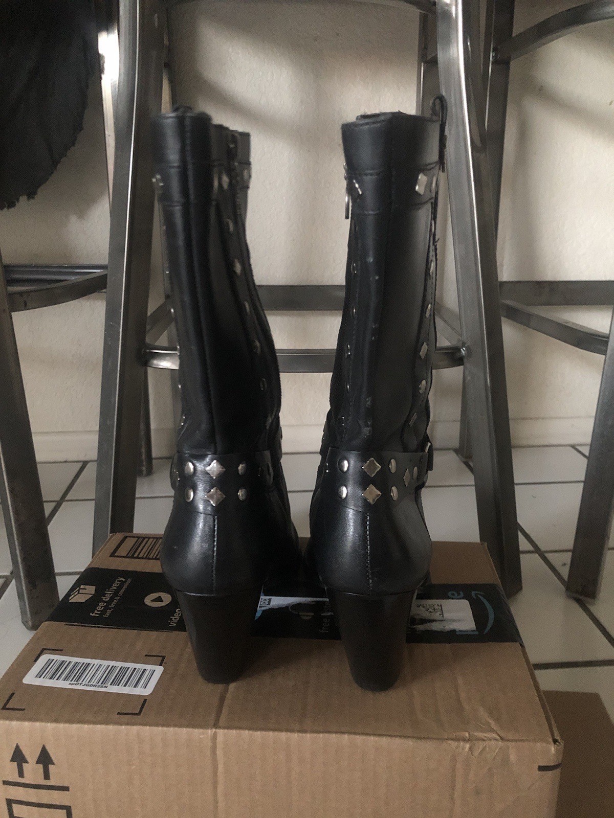 Harley Davidson Western Studded Cowboy Boots Womens 8 Black Logo Zipper Leather