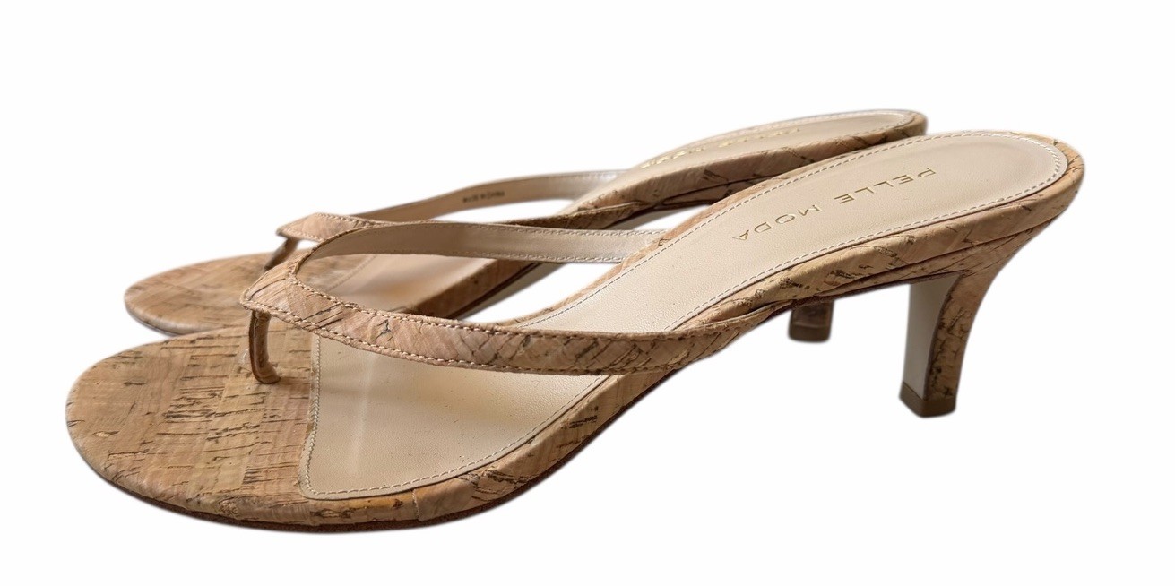 Pelle Moda Effi 4 Cork Brown Thong Kitten Heel Slide On Shoes Flirty Classy Sz 9