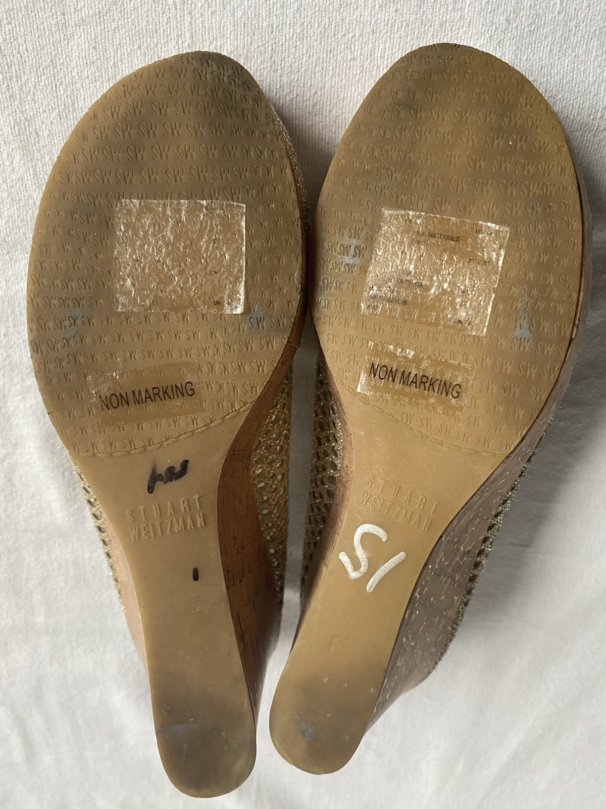 Stuart Weitzman Caye Lace Beige Woven Cork Wedge Pumps Women’s