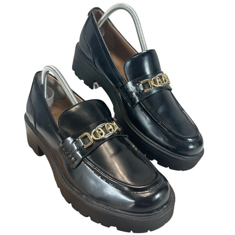Sam Edelman Teagan Black Leather Lug Sole Loafers Gold Chain SZ 10M Preppy Retro