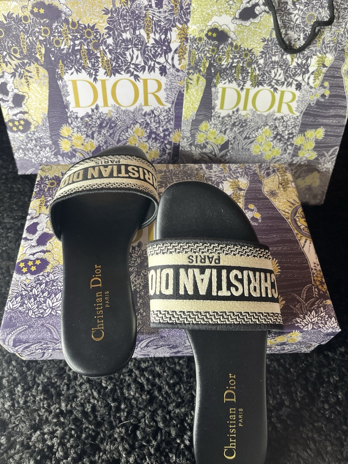 Christian Dior Women’s Leather Slide Sandals Logo Strap Black Beige