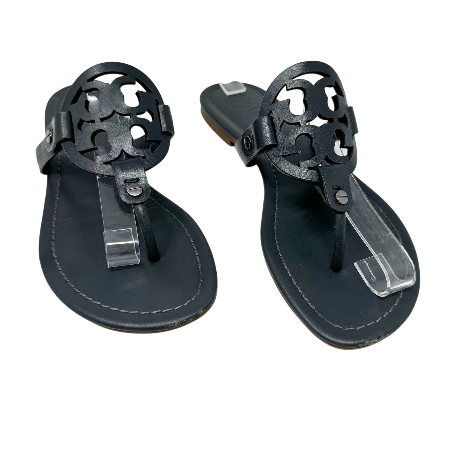 TORY BURCH Gray Grey Patent Leather Miller Classic Designer Logo Sandals Sz 8.5
