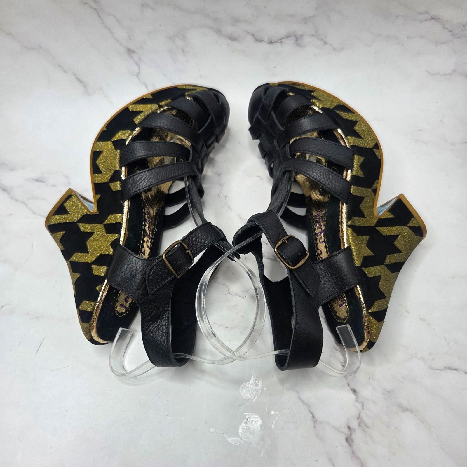 Irregular Choice Gold Black Platform Heels Leather Strappy Women’s 9