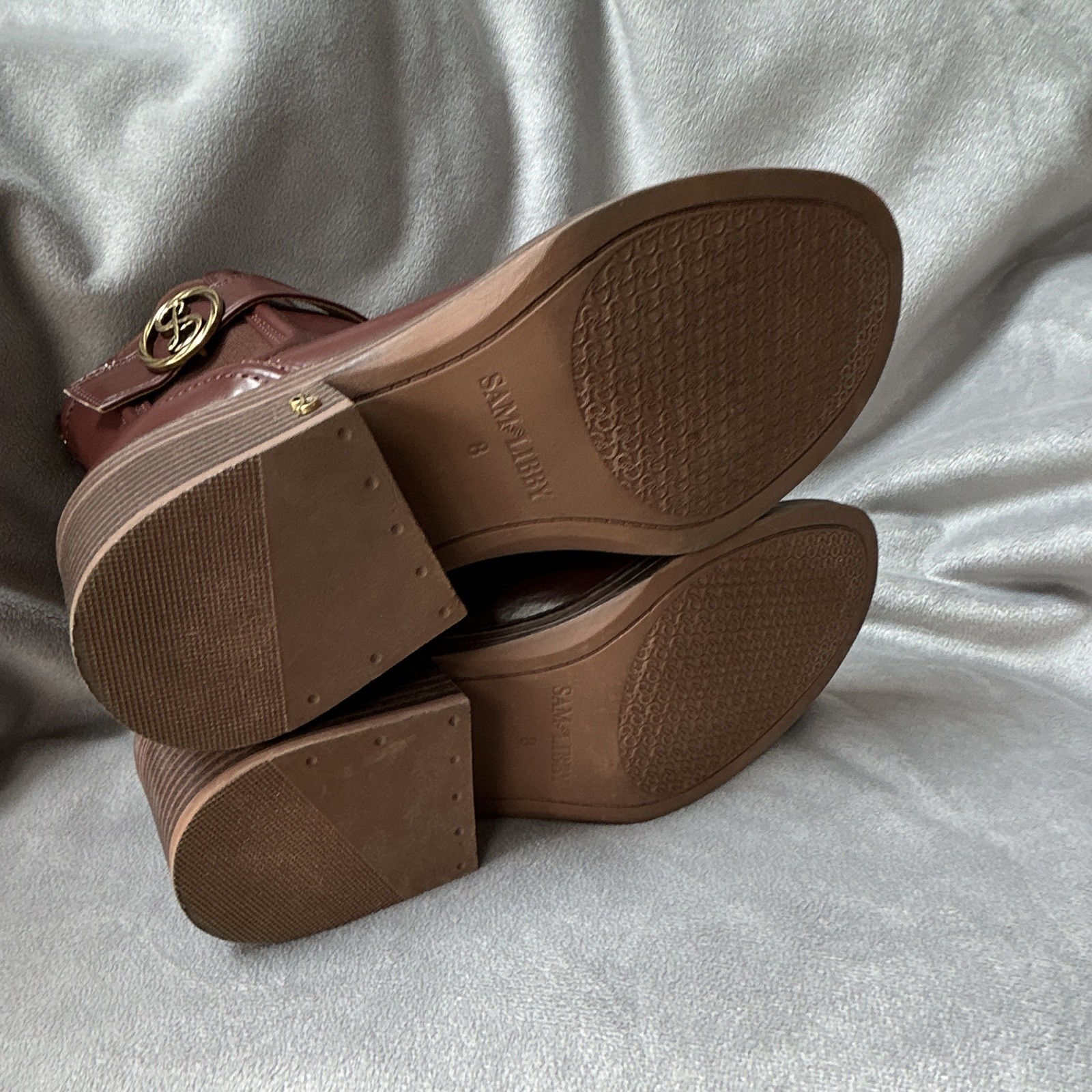 Sam Libby Natalja Women’s Brown Leather Ankle Bootie Round Toe Zip Buckle 8