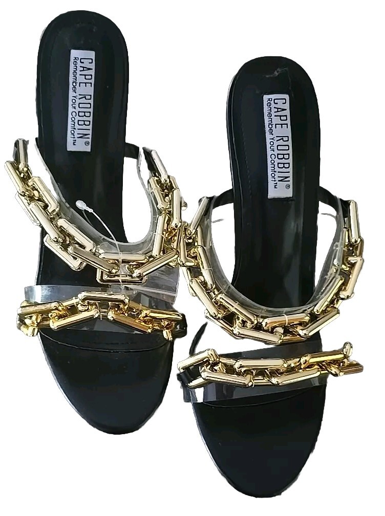 CAPE Robbin Open Toe Sandals ~ Size 10 ~ 4.25″ Heel ~ ROMA ~ Chain Embellishment