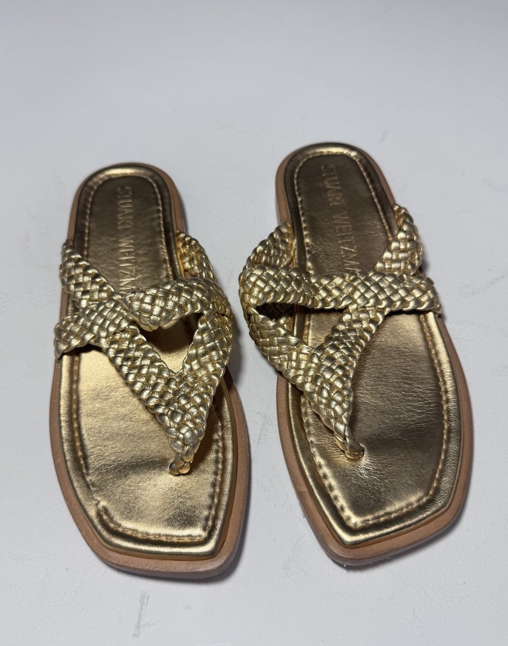 Stuart Weitzman Gold Braided Thong Sandals 9 AA EU 39.5 Leather Flats