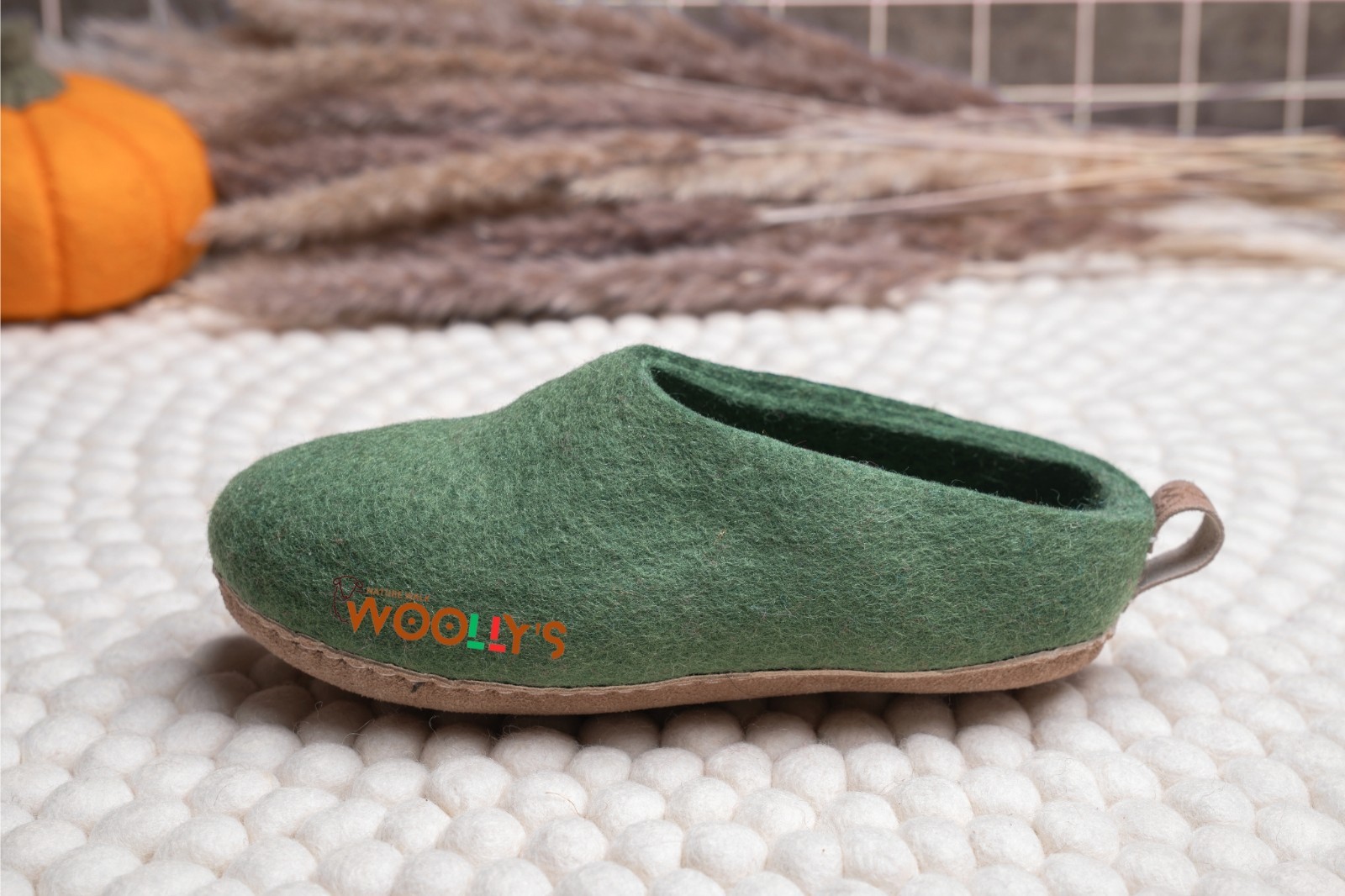 Woollyes Indoor Open Heel Slippers –Green | Pure New Zealand Wool | Leather Sole