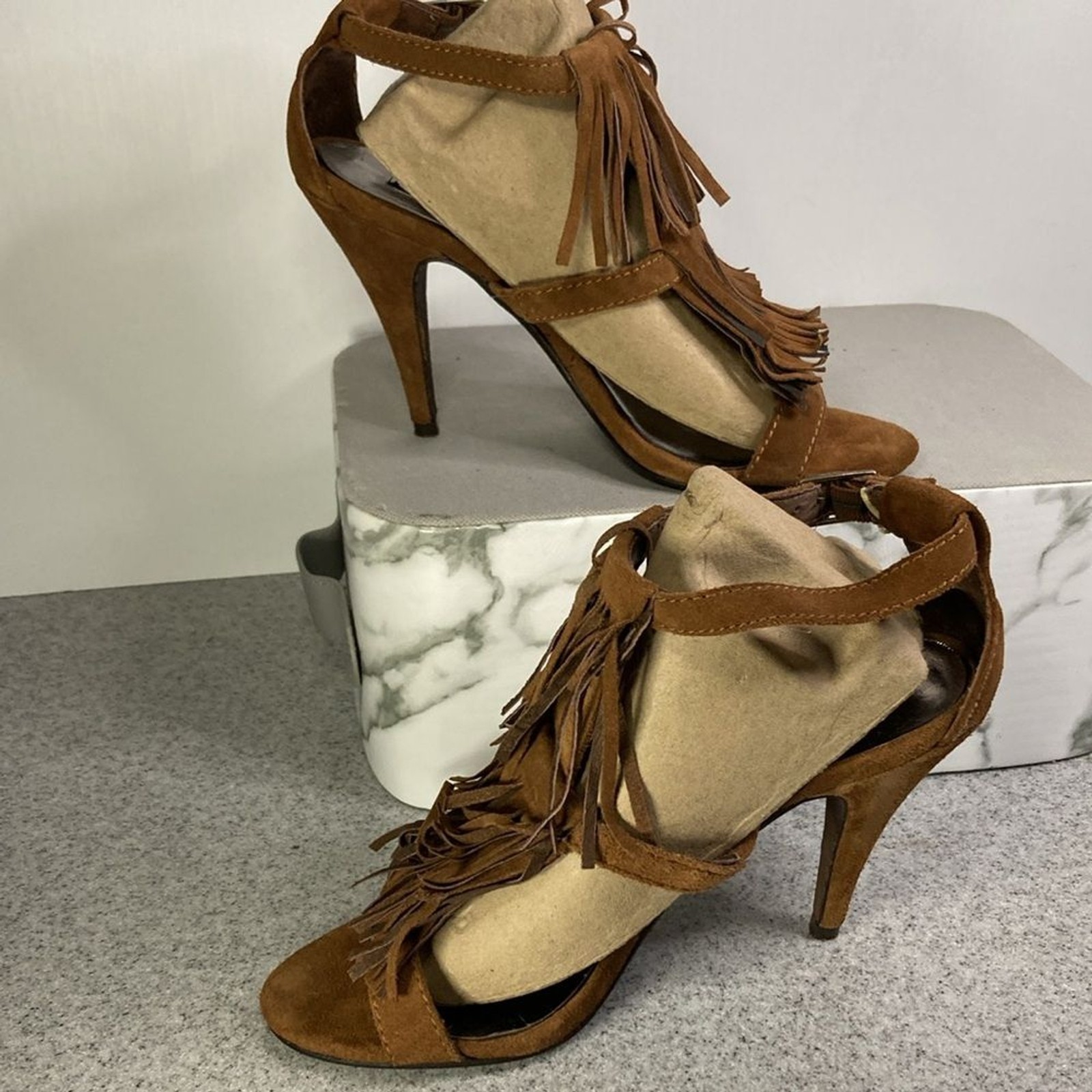 Size 8 Steven‎ by Steve Madden brown suede fringe 4” heels Box 6