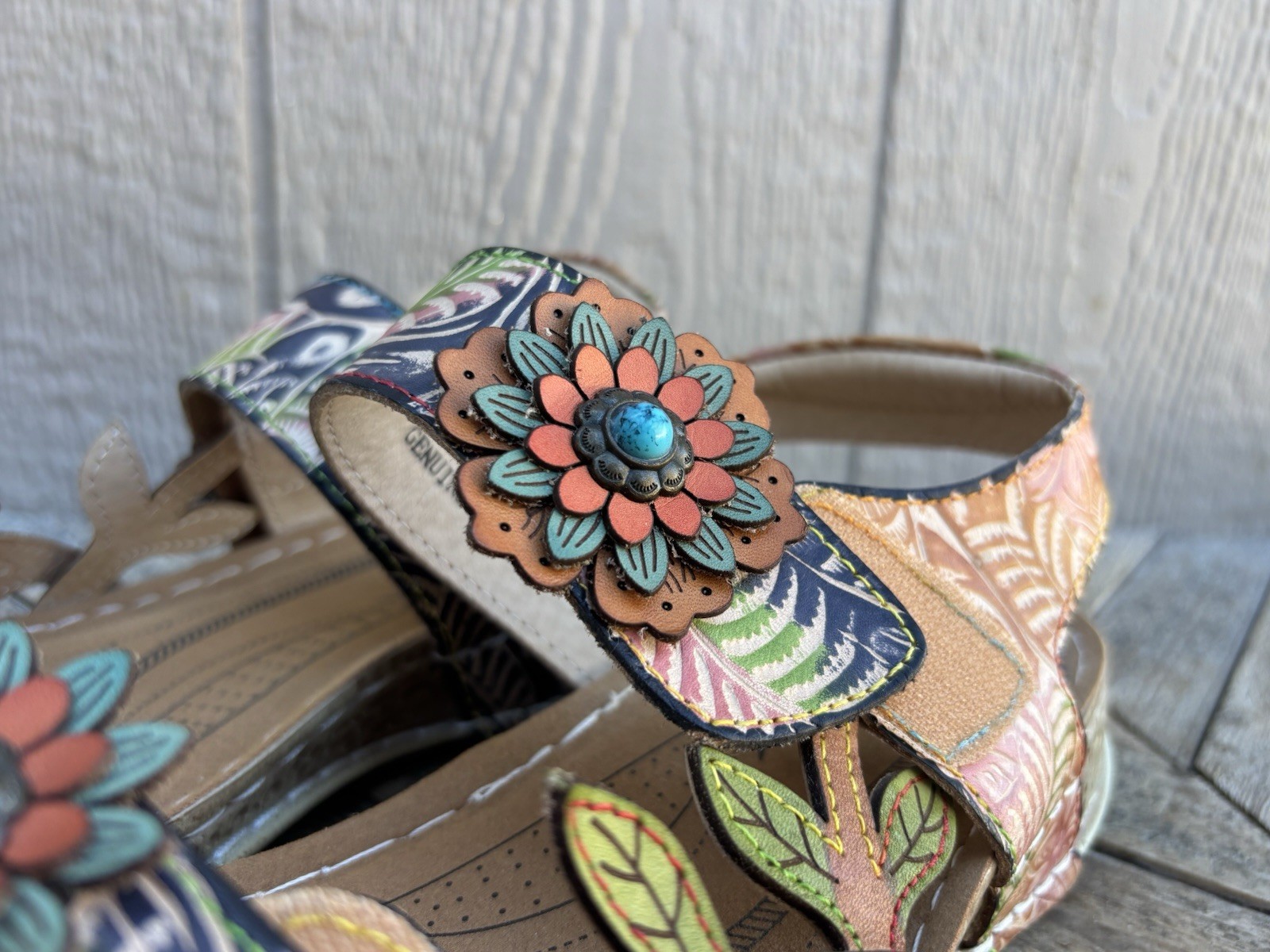 L’Artiste by Spring Step leather sandals with decorative floral embellishments