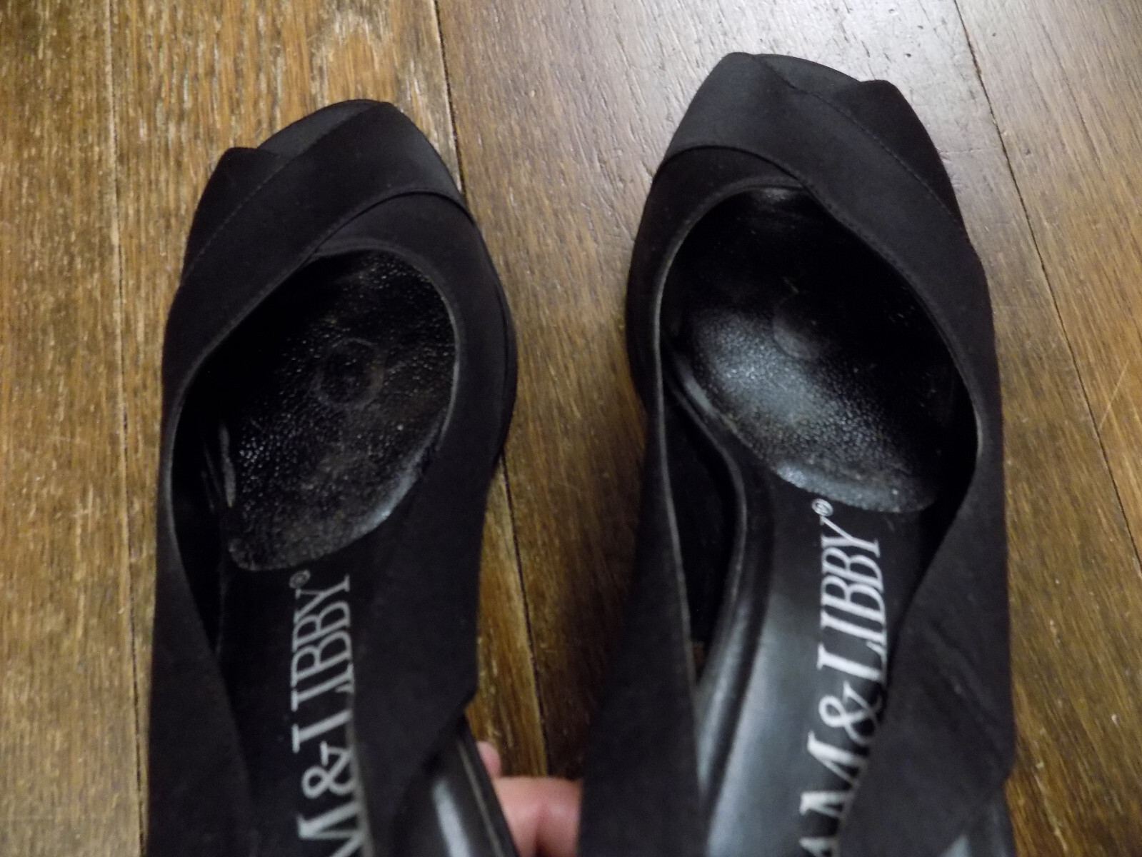 Sam & Libby Darla Black Satin Classy Slingback 3.25″ Heels Open Peep Toe 7.5 EUC