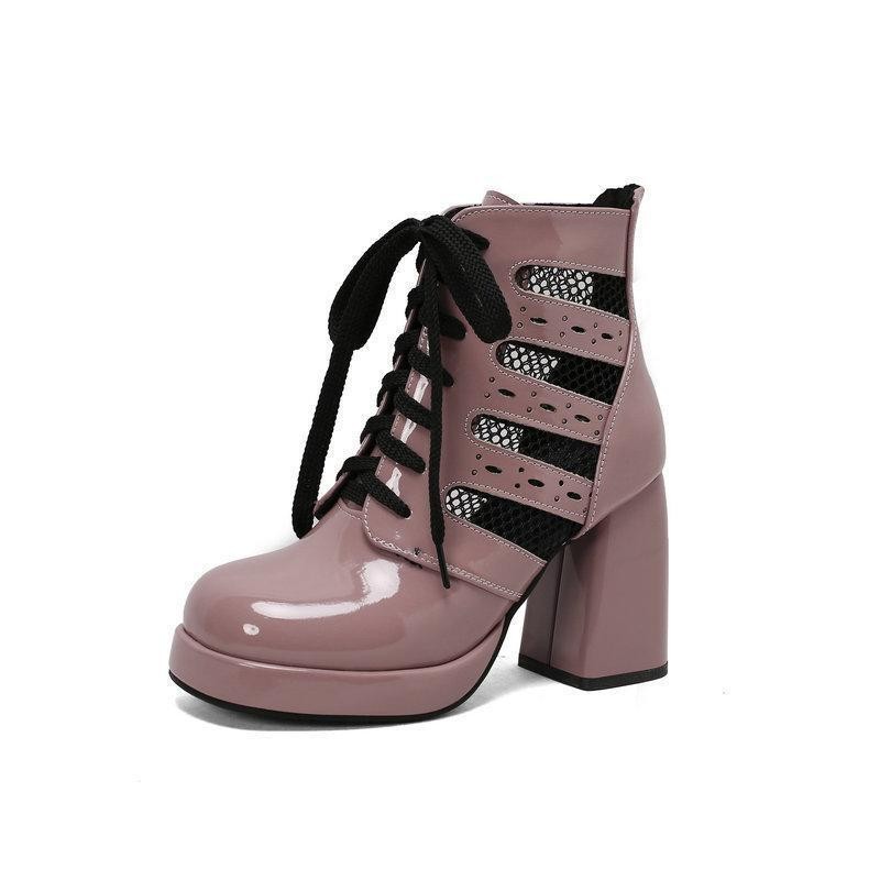 Chic Women’s Faux Leather Mesh Patchwork Sandals Lace Up Dress Party Ankle Boots