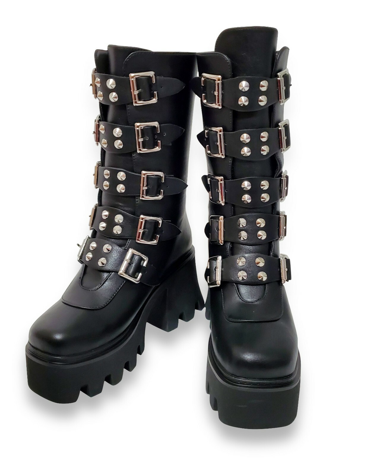 Women Black Gothic Platform Boots Vegan Combat Chunky Punk Studded Metal Buckle