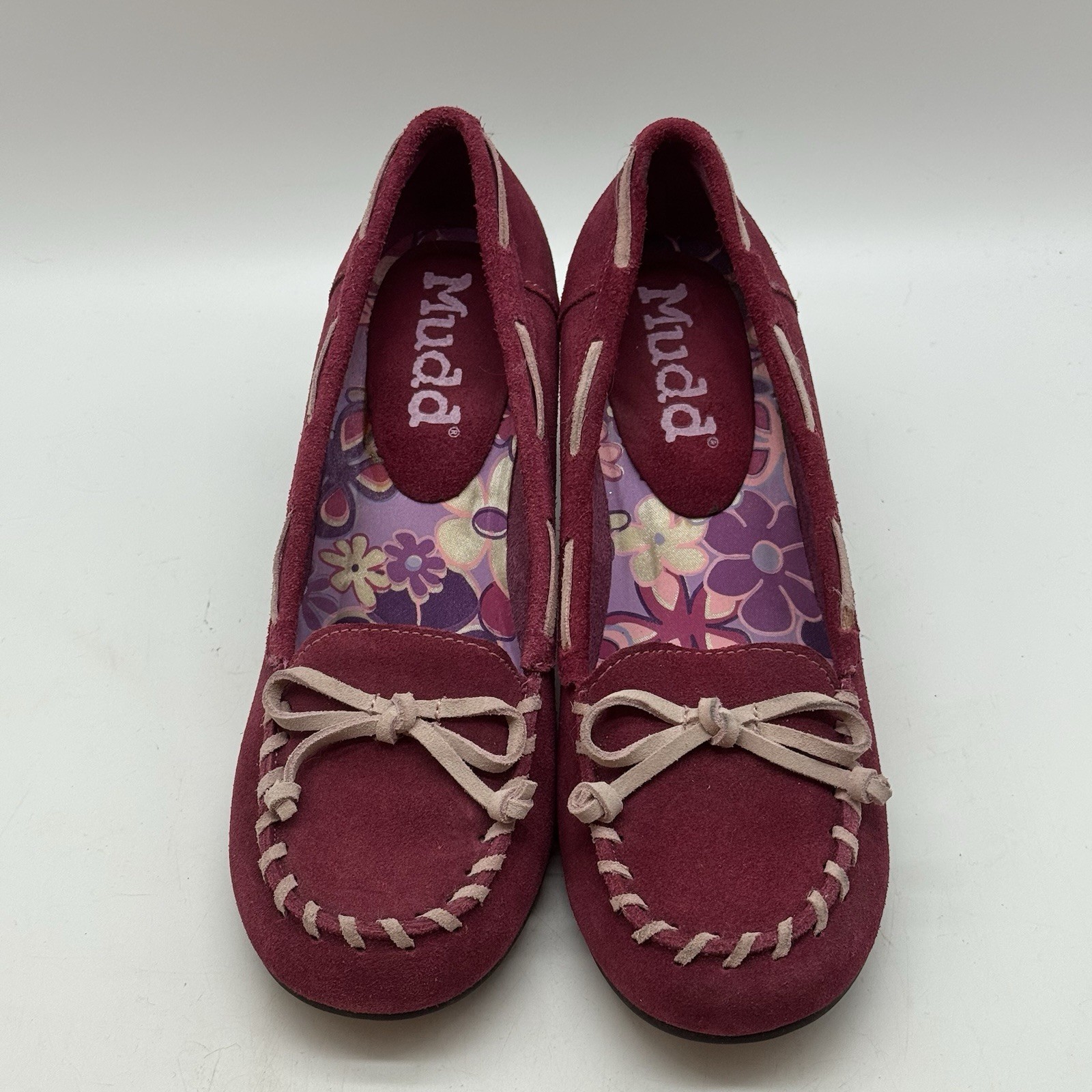 MUDD Y2K Freeda Womens 7 Raspberry Suede Leather Kitten Heel Moccasin Pumps Boho