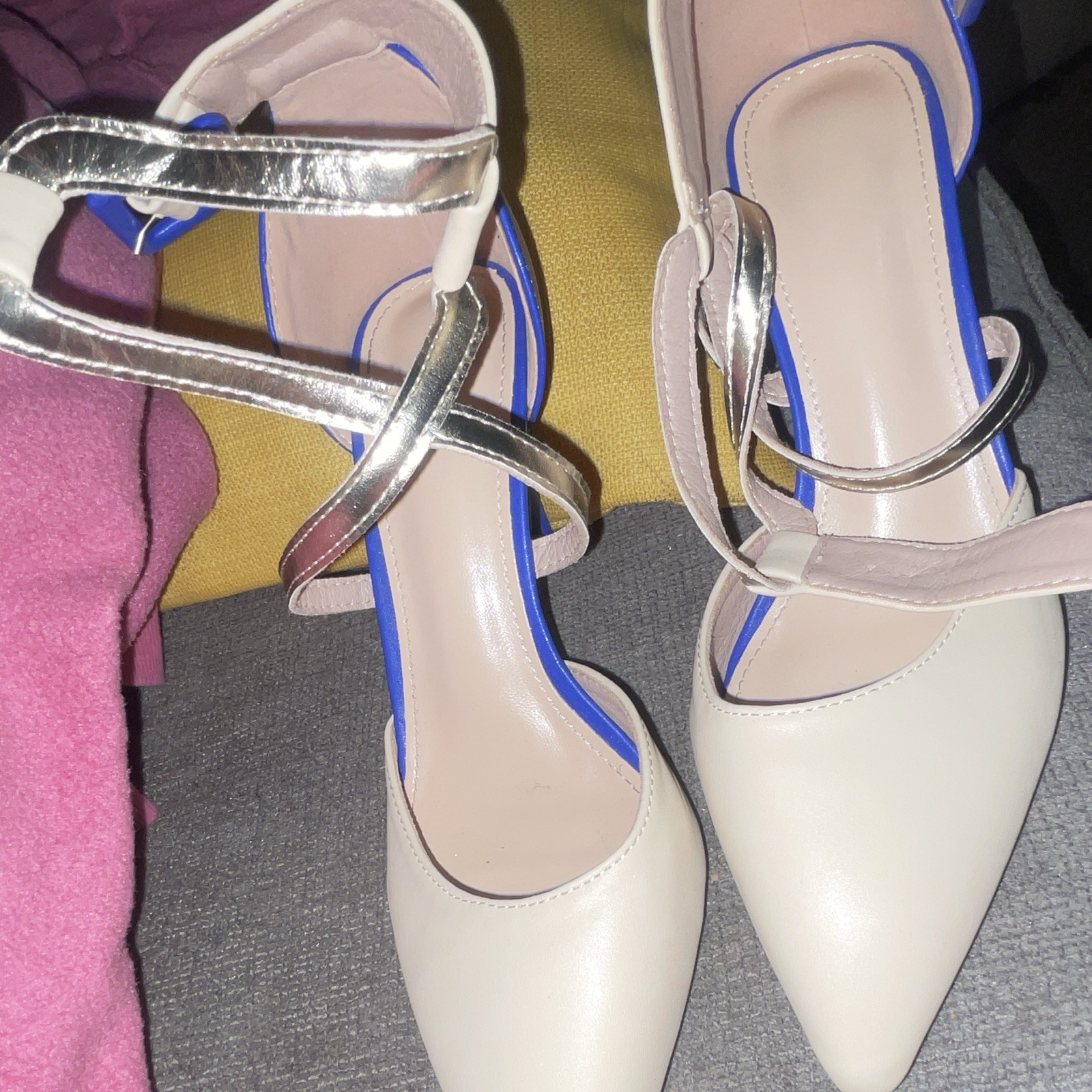 Women’s Beige Blue Silver Strappy Ankle Strap Buckle Pointed Toe Heels 8