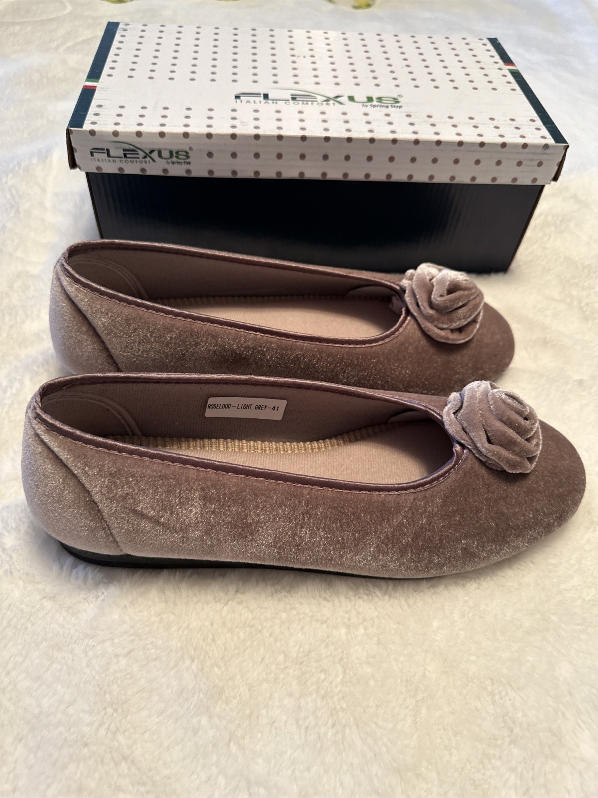 Flexus Roseloud Velvet Textile Flats Slippers Taupe EU 41 US 9.5-10 NIB
