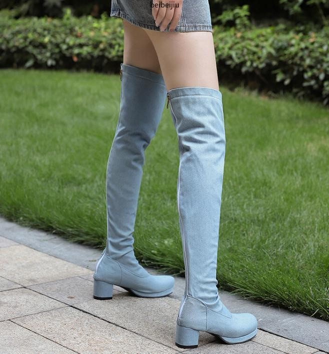 Womens Cowboy Over The Knee High Boots Denim Jean Round Toe Mid Block Heel Shoes