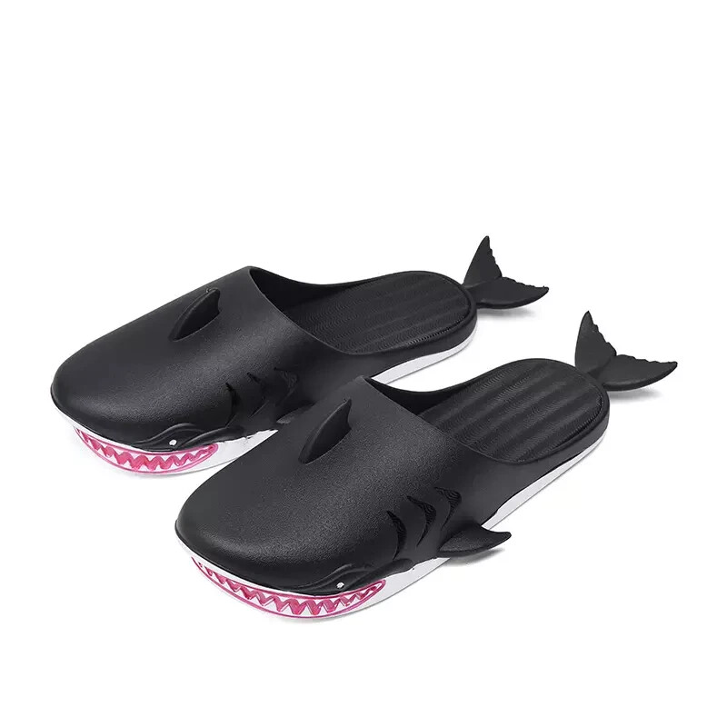 Black Unisex Beach Shark Party Slippers Shoes, Women Size 1 1, Men 10-11, EU 44